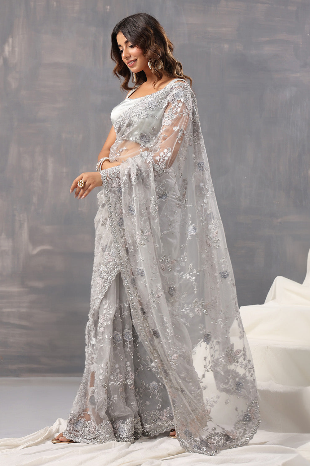 Grey Color Net Embroidered Saree