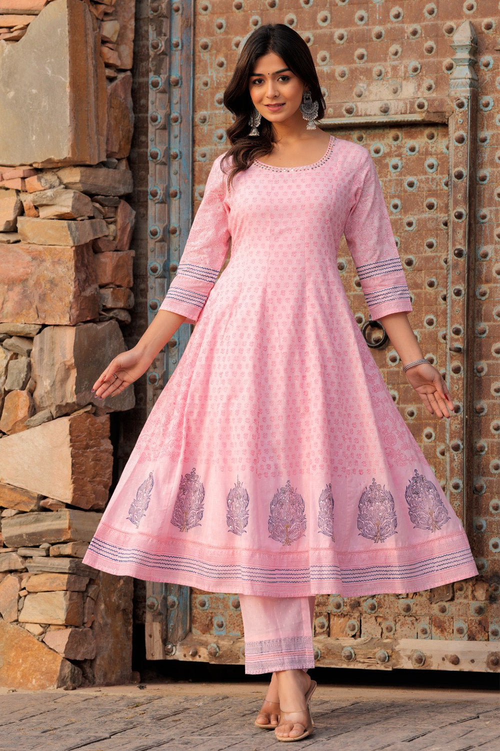 Rose Pink Color Cotton Printed Anarkali Suit