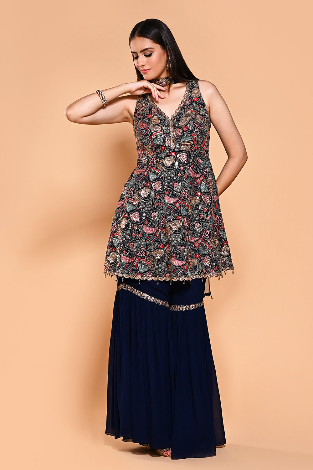 Navy Color Sequins & Resham Embroidered Georgette Peplum Gharara Suit