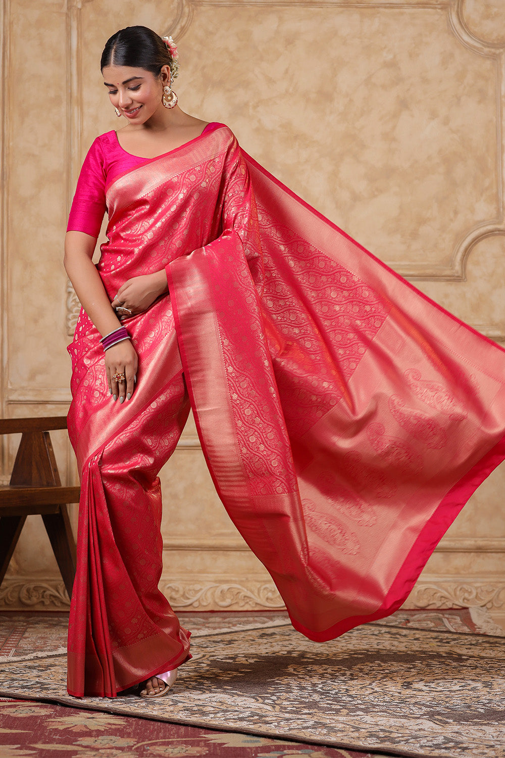 Fuschia Pink Silk Woven Saree