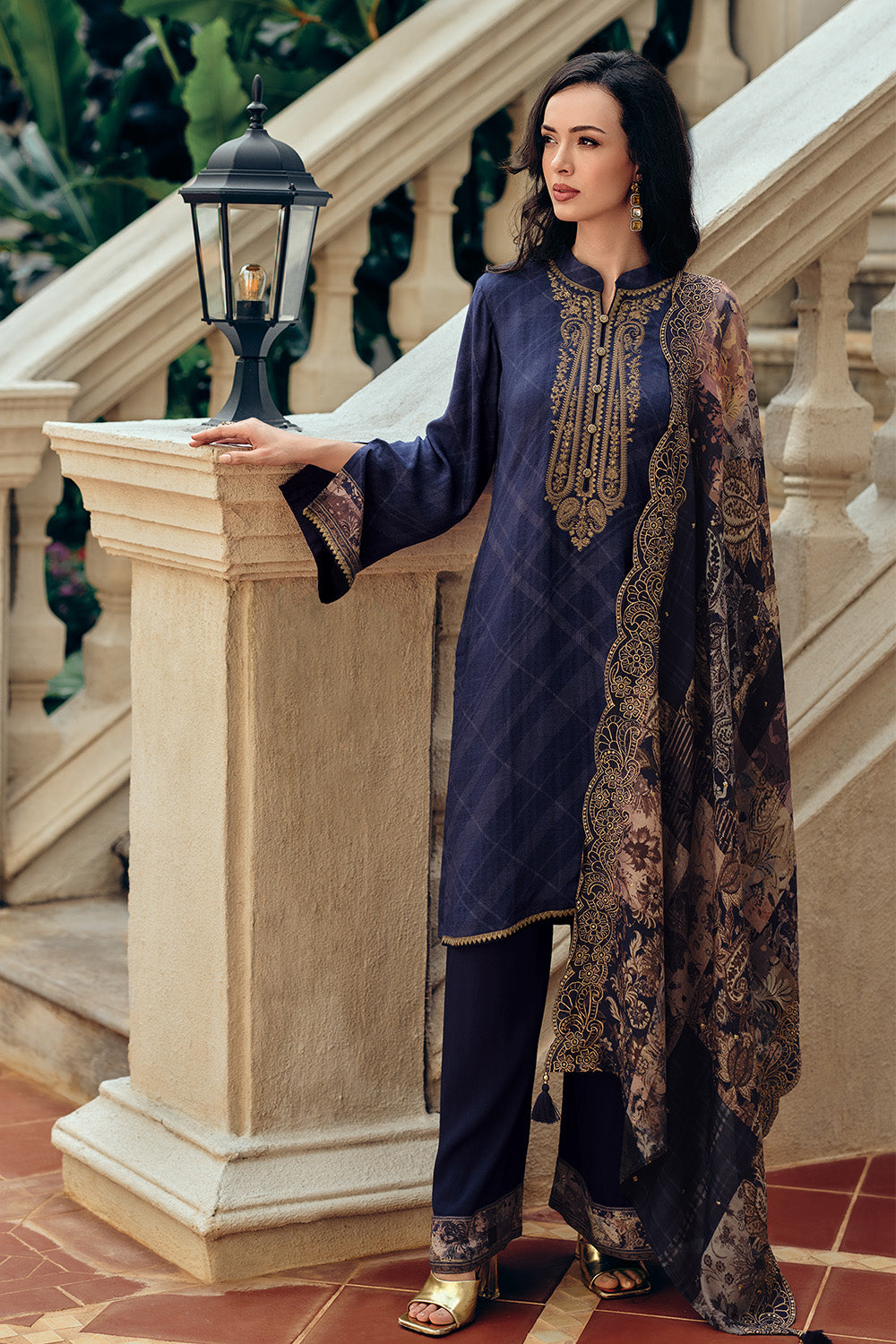 Navy Color Neck Embroidered Pashmina Unstitched Suit Material