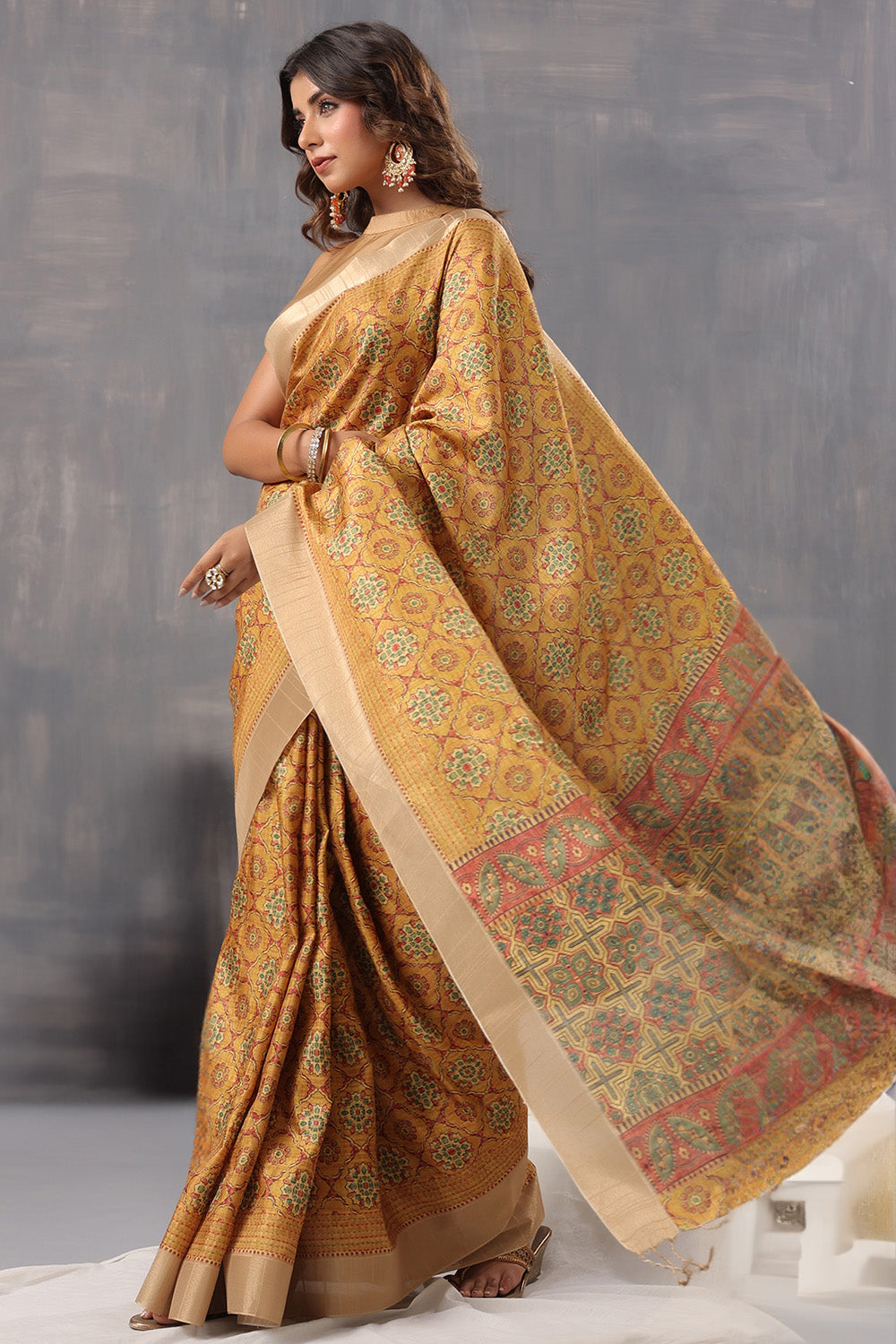 Mustard Colour Cotton Printed Saree With Stunning Woven Border
