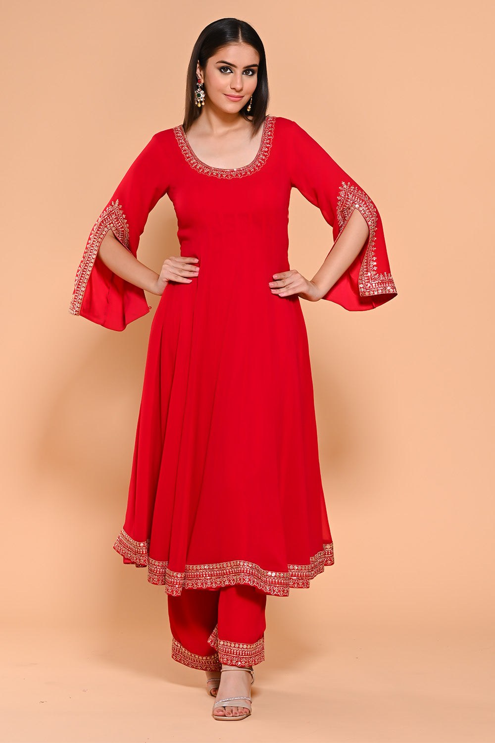 Red Color Georgette Designer Side Silts Sleeves Embroidered Anarkali Suit