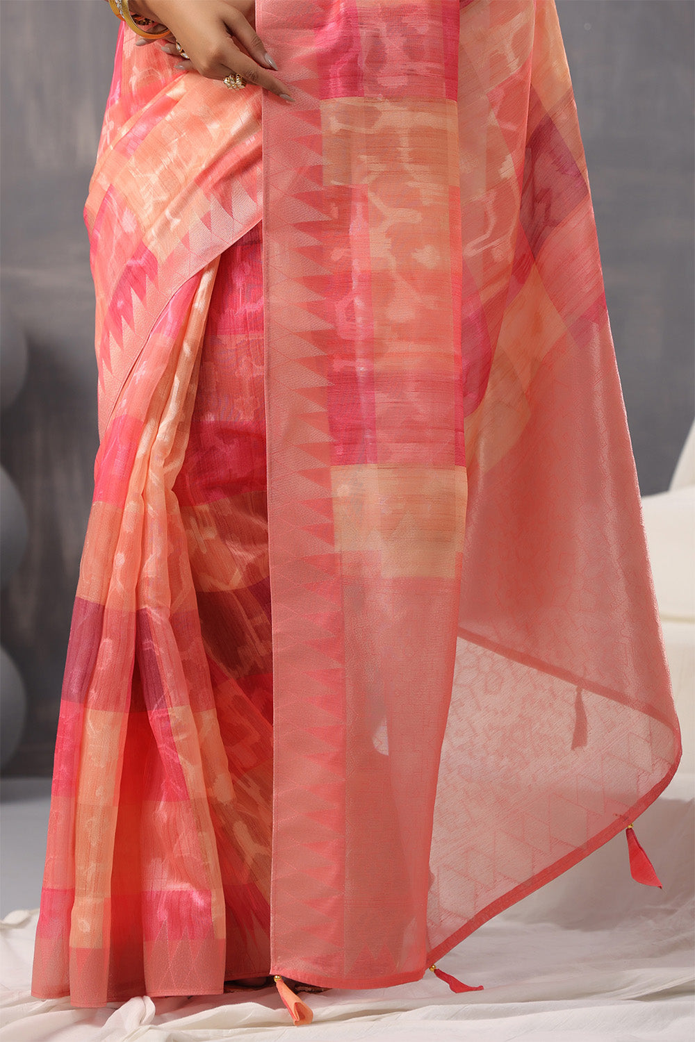 Coral Color Organza Woven Saree