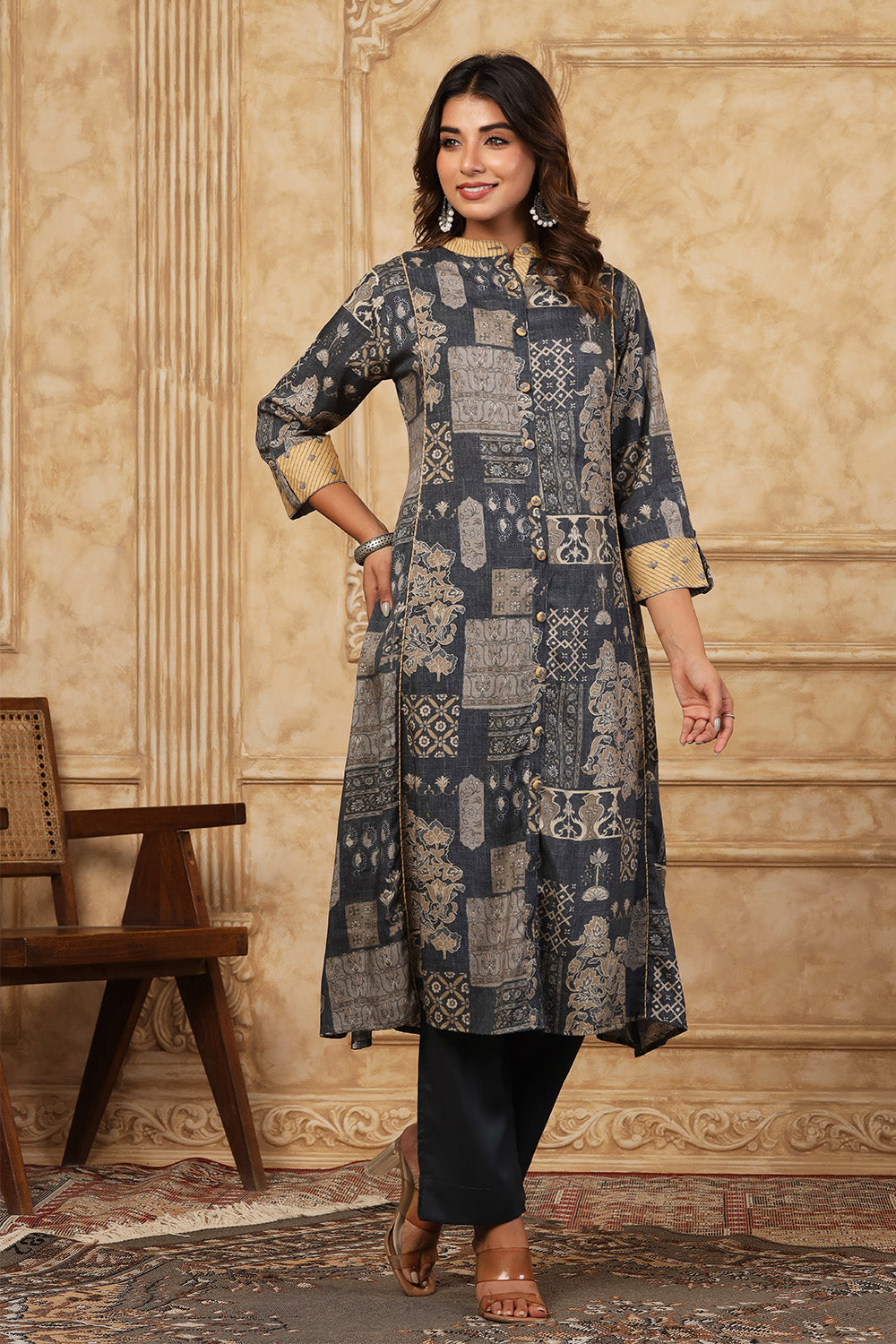 Grey Color Cotton Printed Kurta Set