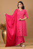 Raspberry Color Printed & Neck Embroidered Muslin Suit