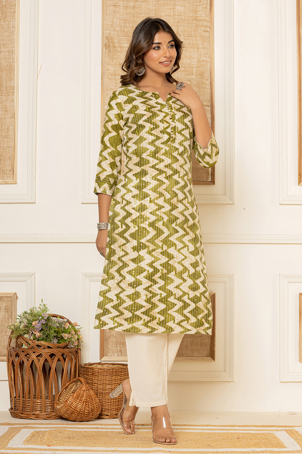 Olive Green Color Rayon Printed Kurta Set