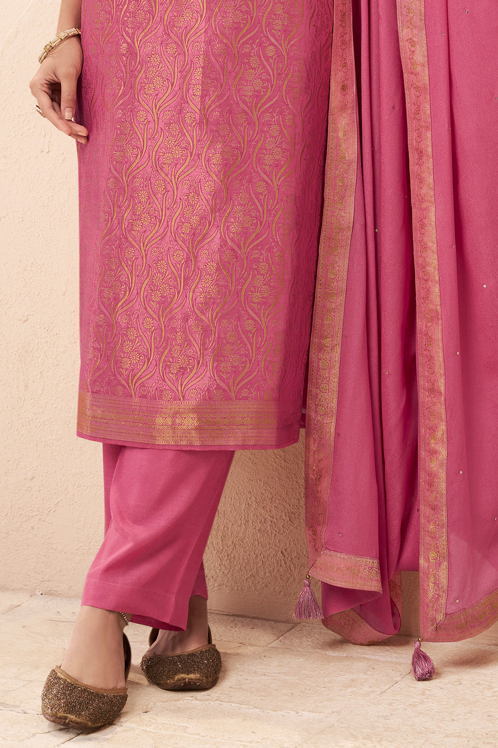 Tulip Pink Color Tissue Silk Zari Woven Unstitched Suit Fabric