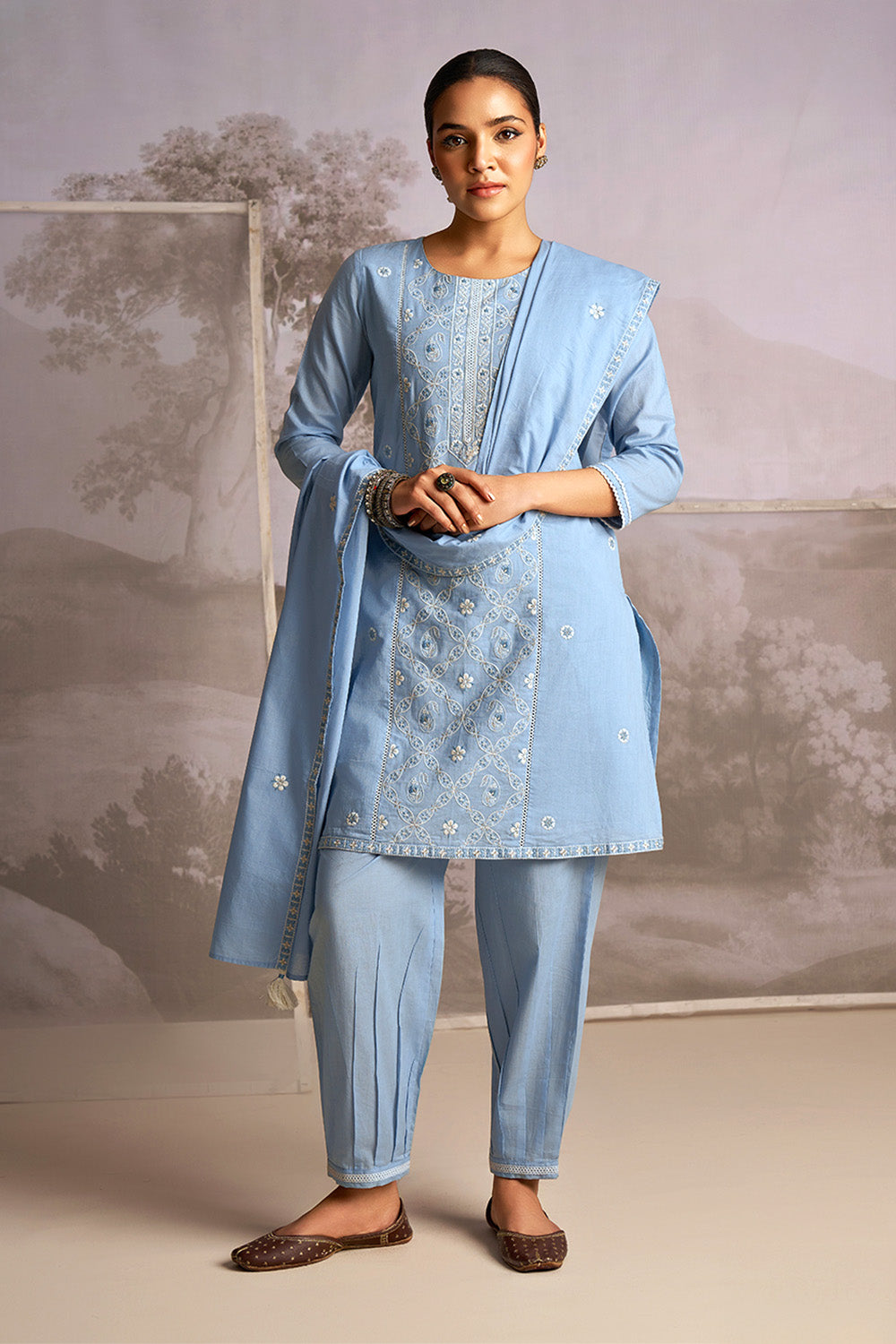 Powder Blue Color Cotton Resham Embroidered Suit