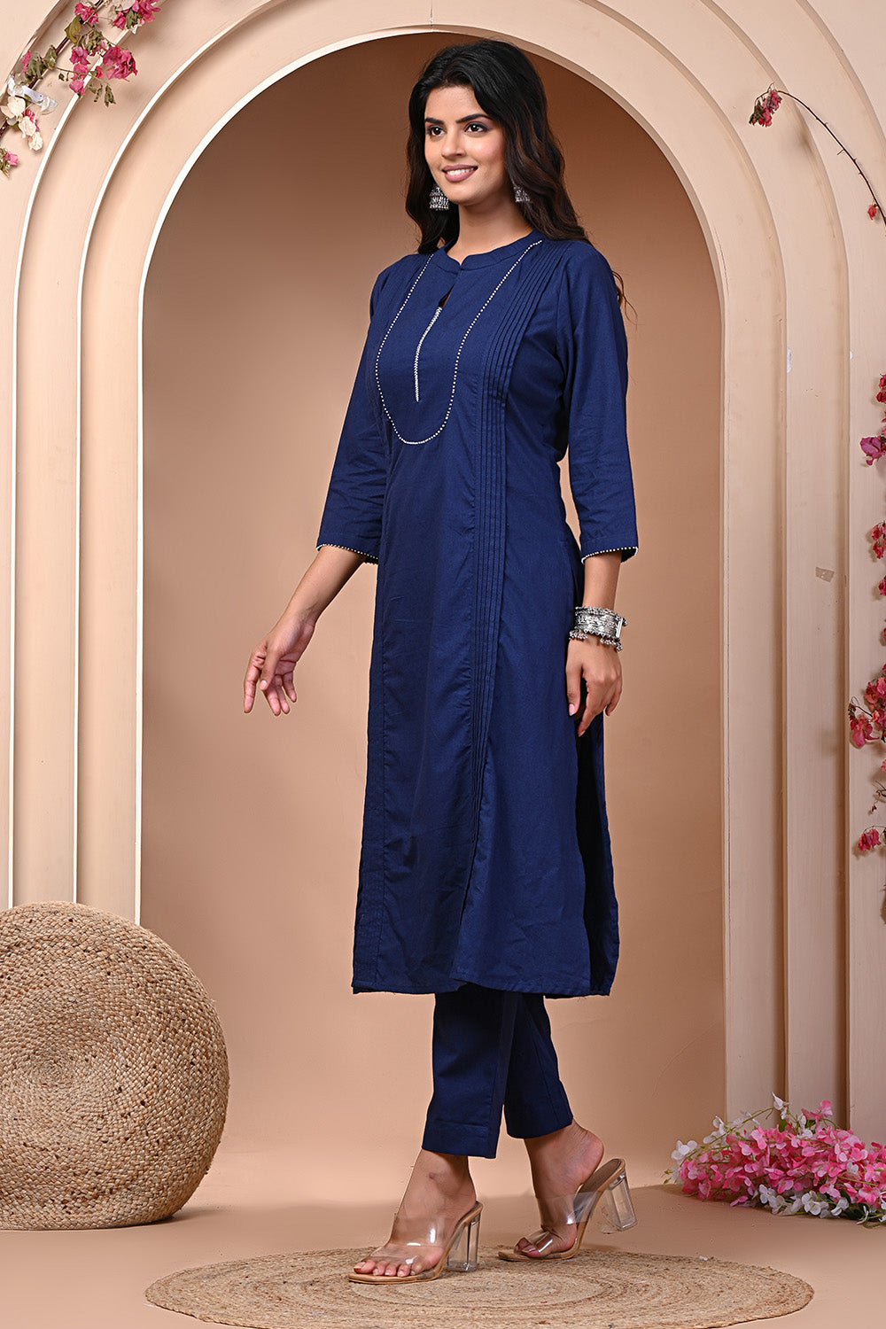 Navy Solid Color Cotton Kurta Set