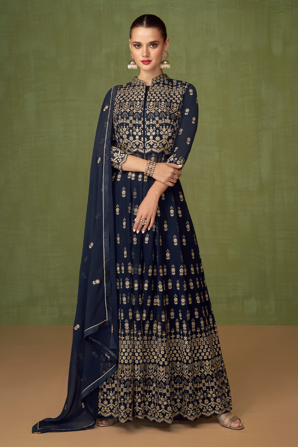 Navy Color Georgette Resham Embroidered Suit with Palazzo