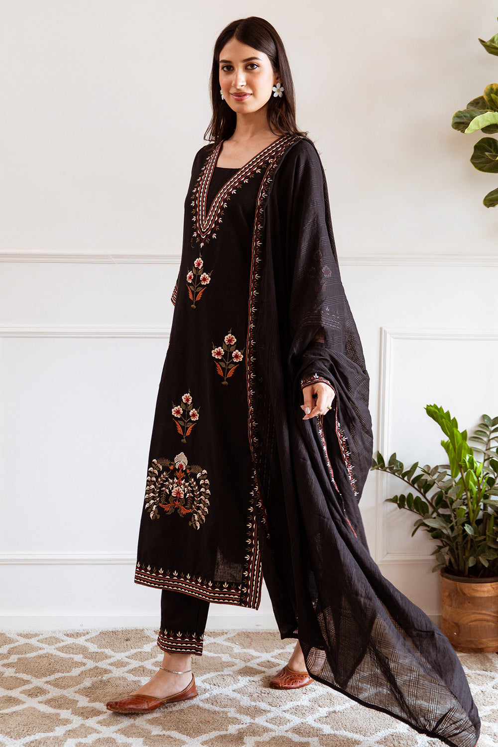 Black Color Cotton Resham Embroidered Straight Suit