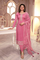 Pink Color Embroidered Silk Unstitched Suit Material