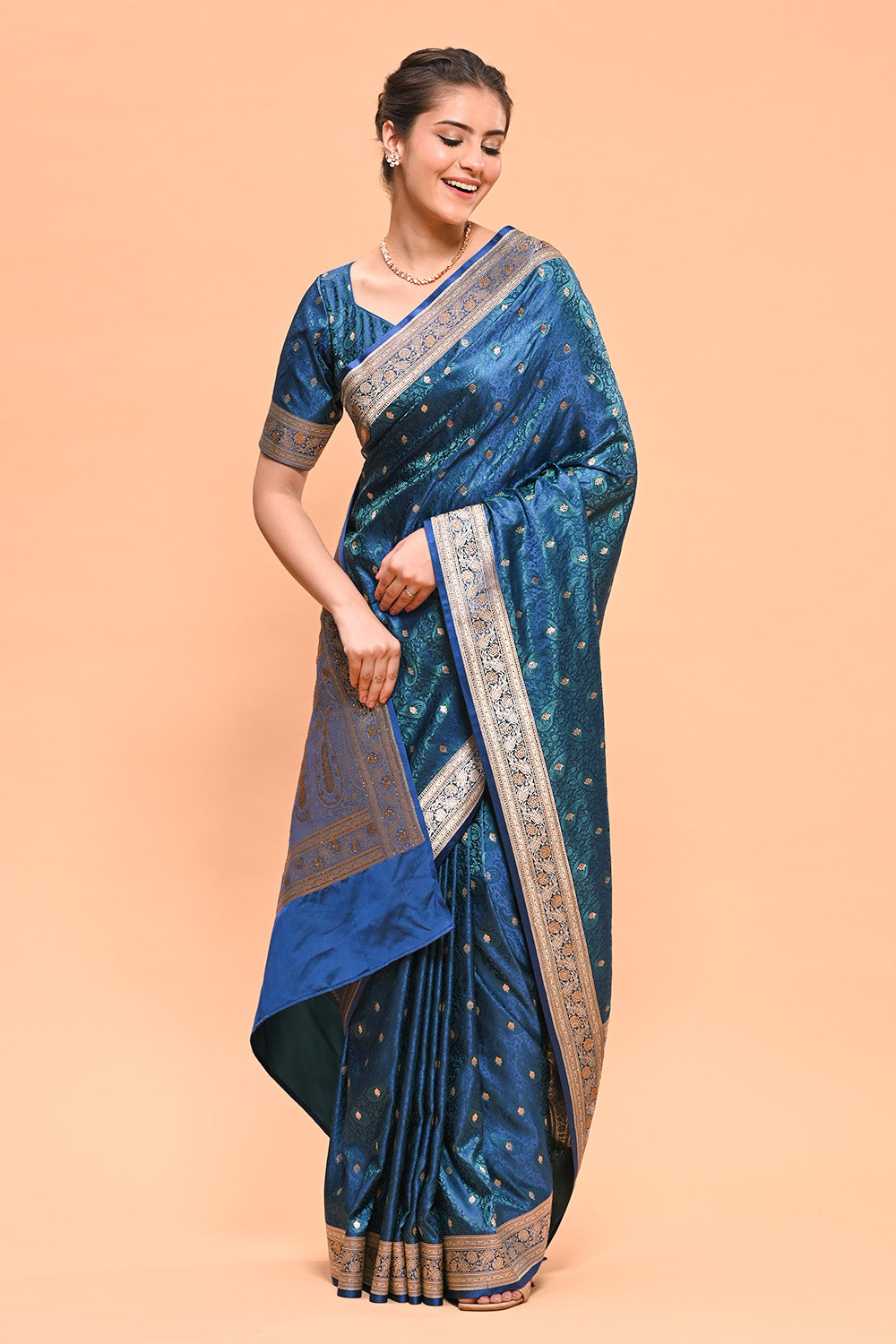 Navy & Green Color Banarasi Silk Woven Saree