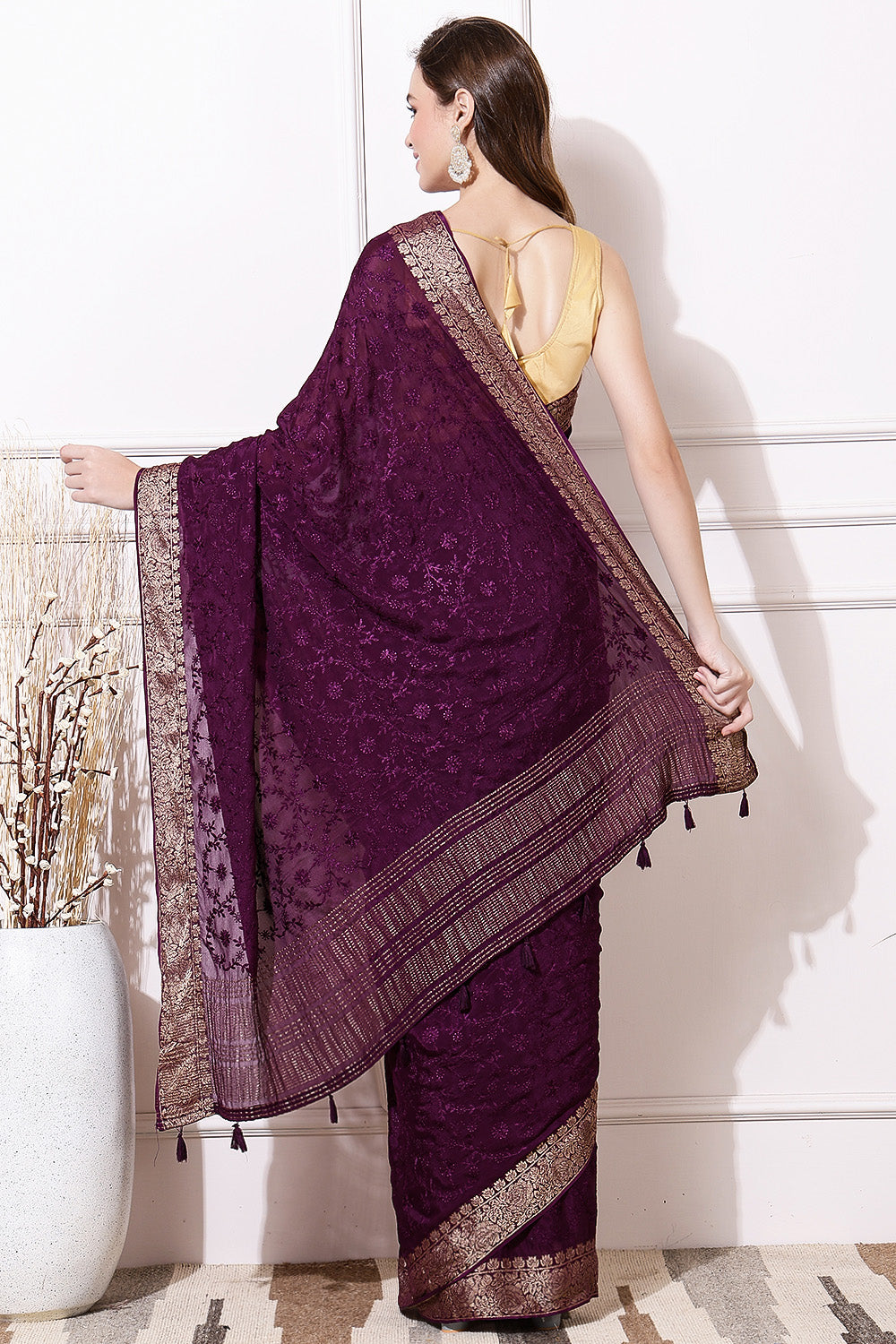 Dusty Purple Color Georgette Resham Embroidered Saree