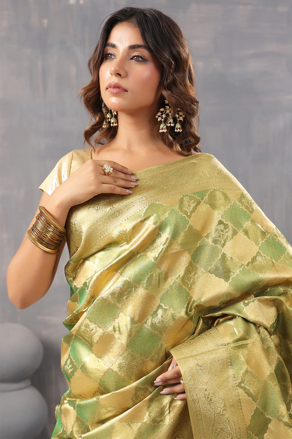 Golden & Green Color Silk Woven Saree