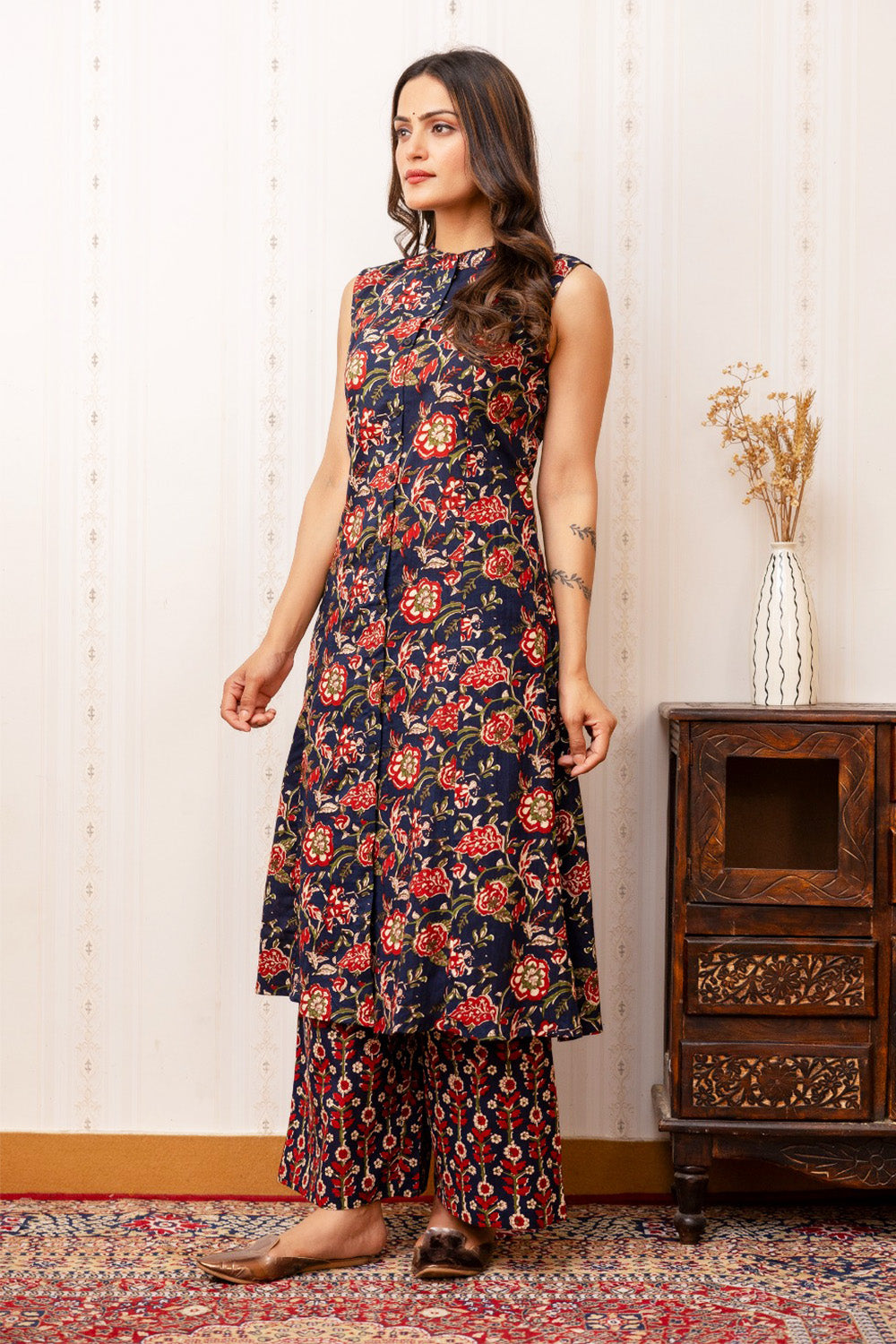 Navy Blue Color Floral Printed Cotton Kurta Set