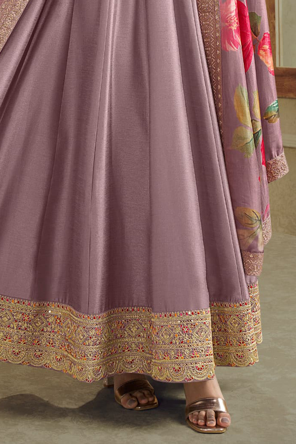 Dusty Mauve Silk Embroidered Anarkali Suit