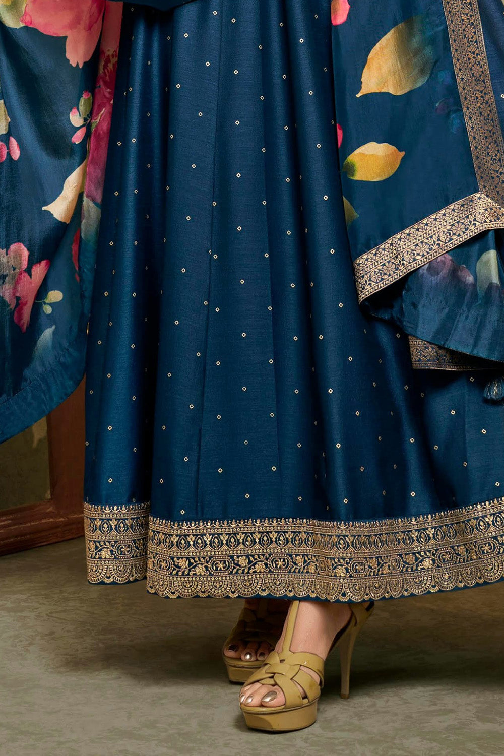 Blue Color Silk Embroidered Anarkali Kurti With Dupatta