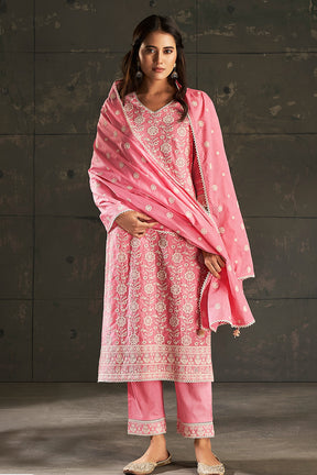 Pink Color Cotton Resham Embroidered Straight Suit