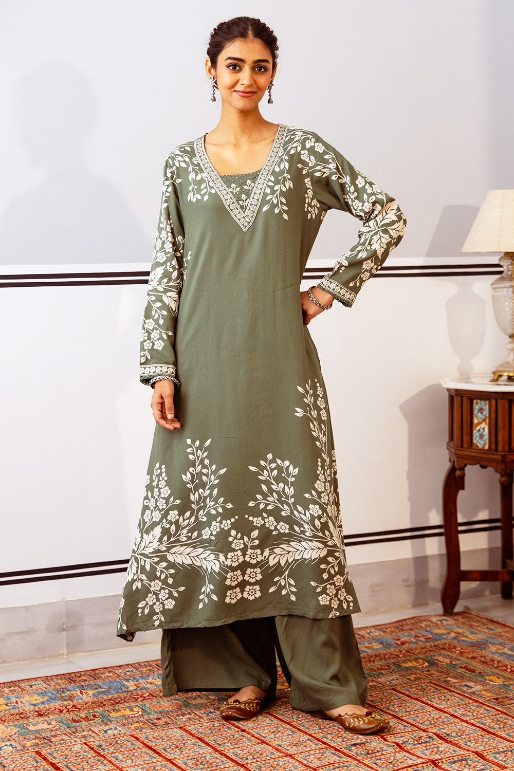 Green Color Floral Rayon Printed Kurta Set With Palazzo