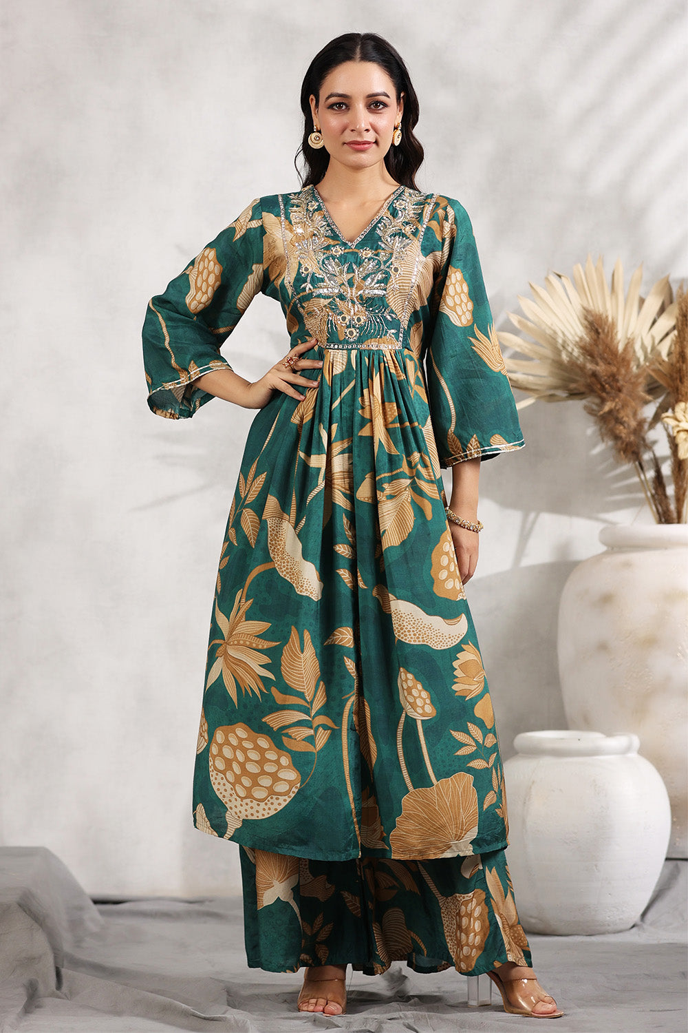 Teal Color Neck Embroidered & Printed Muslin Kurta Set