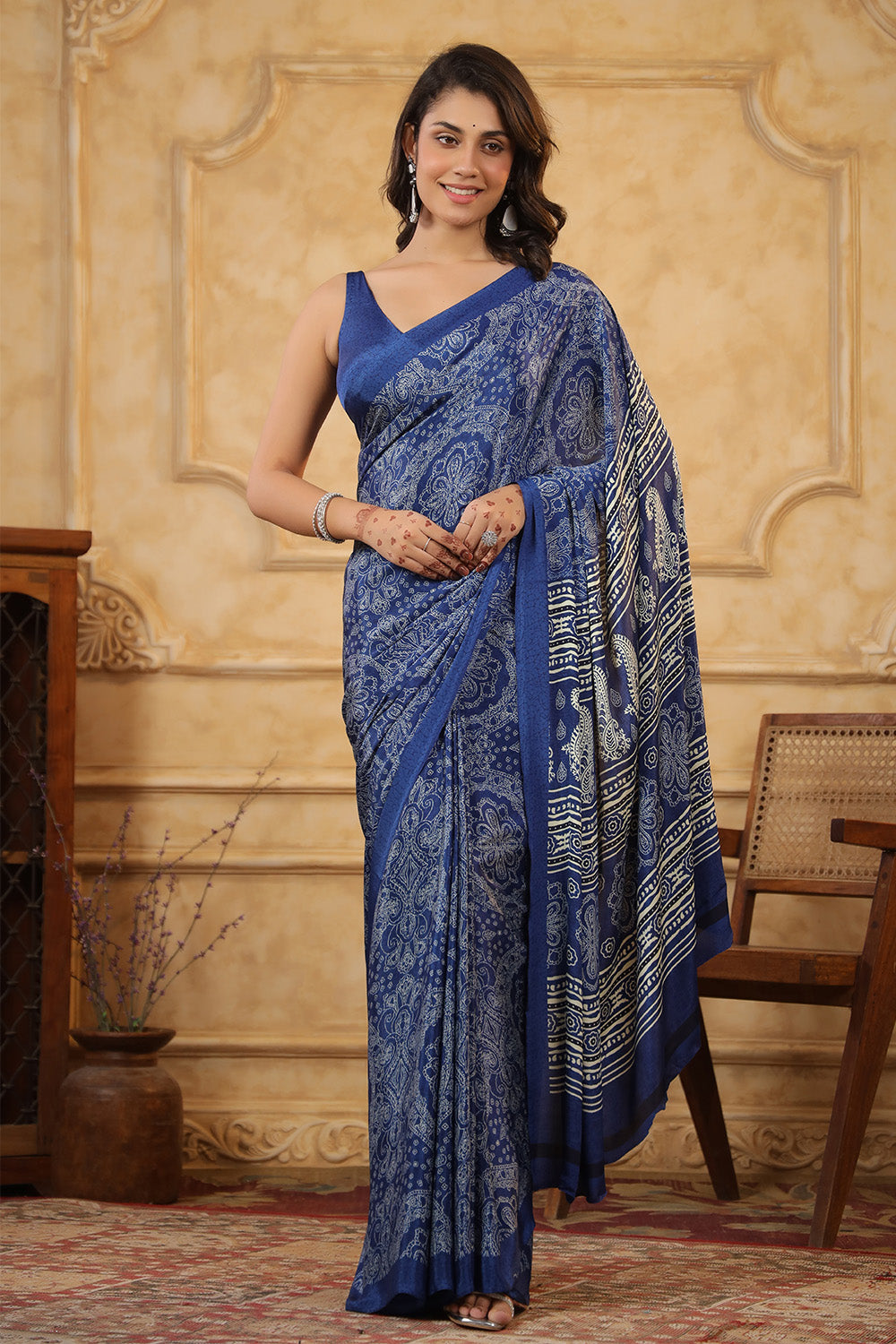 Blue Color Crepe Printed Saree