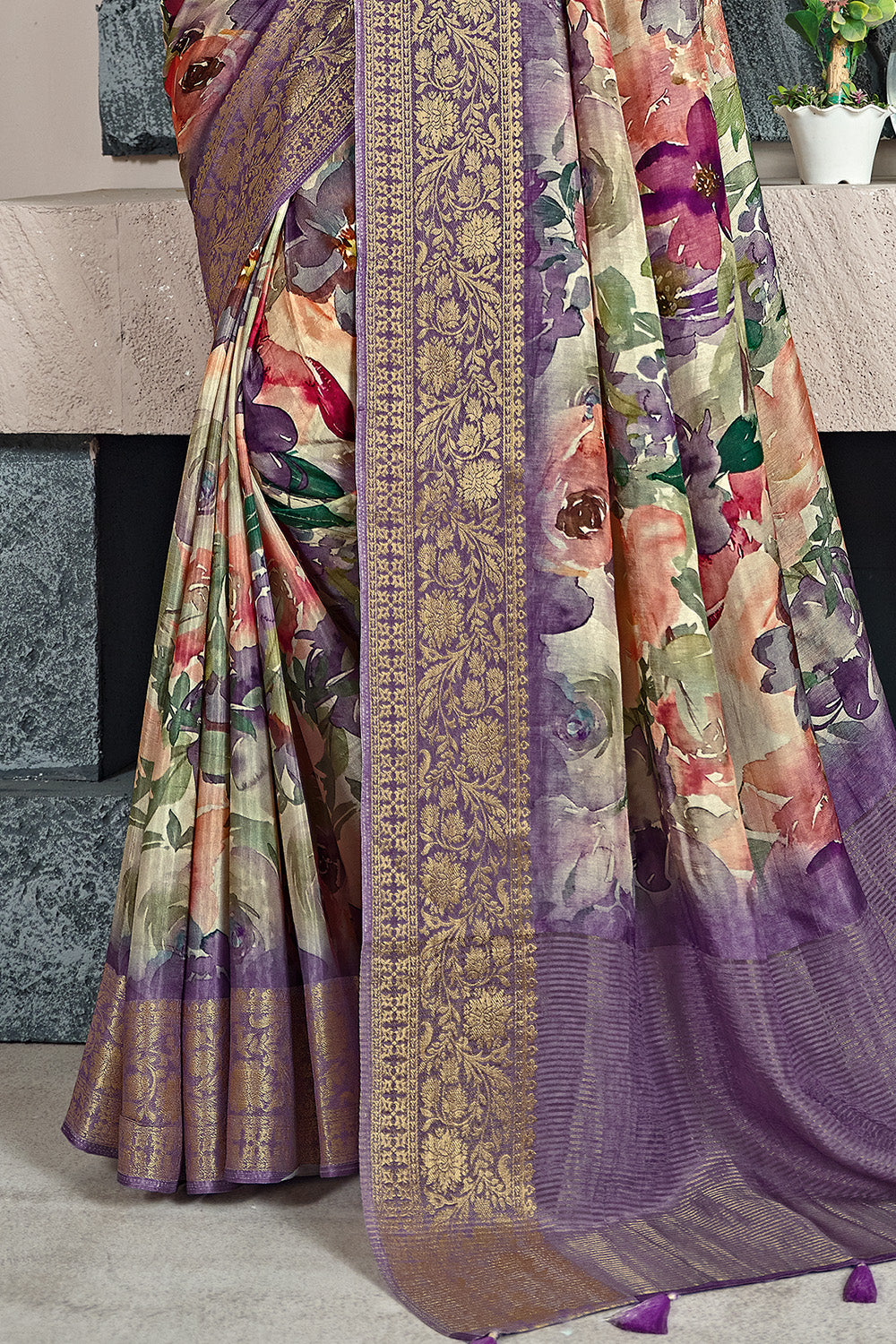 Dusty Lavender Color Printed & Woven Modal Silk Saree