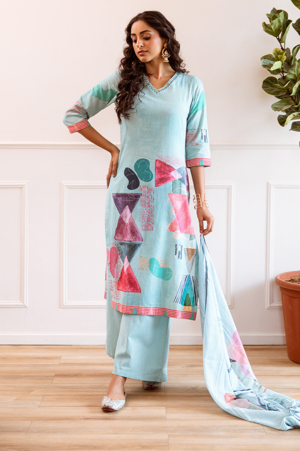 Sea Green Color Khadi Cotton Printed Suit