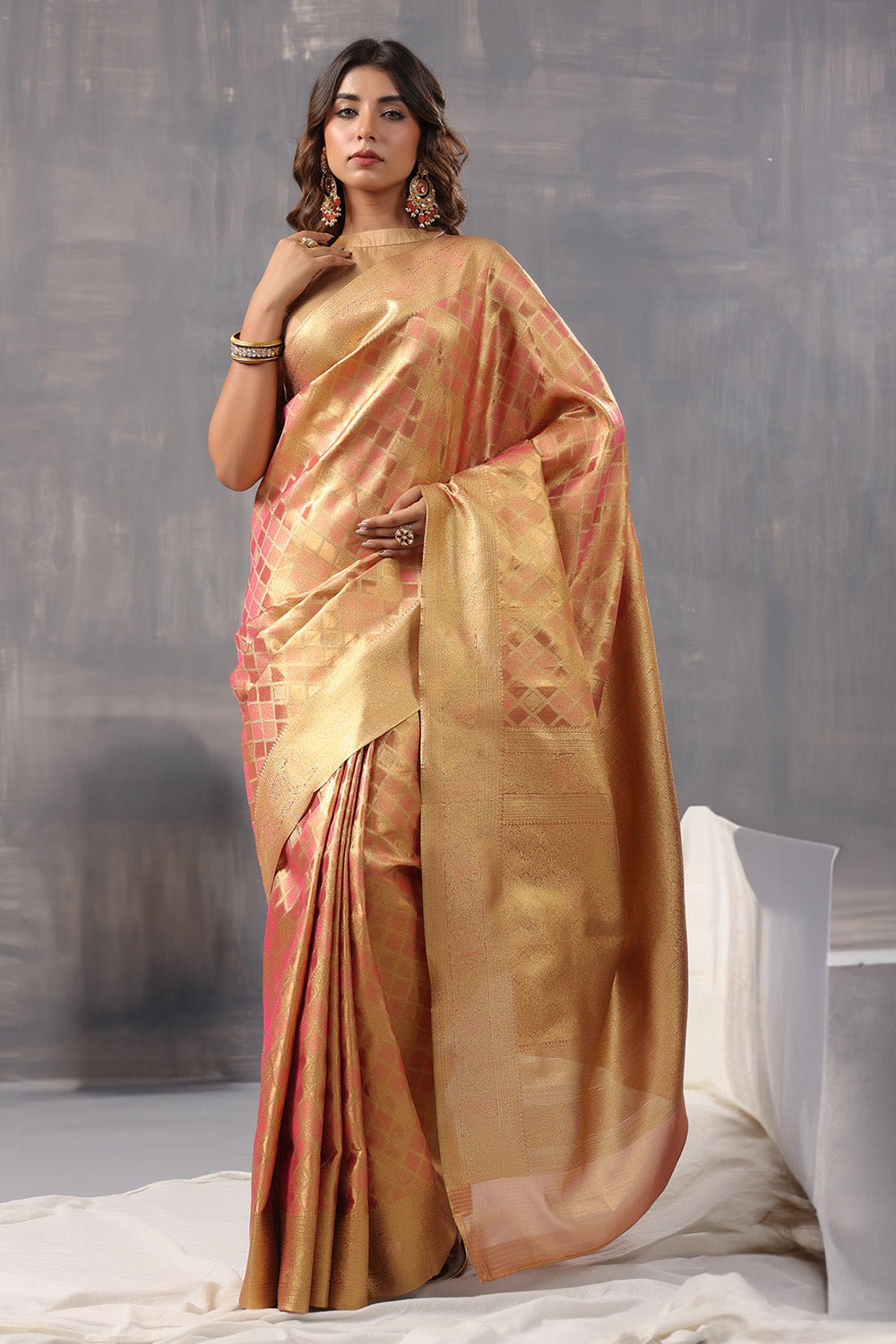 Golden & Coral Color Silk Woven Saree