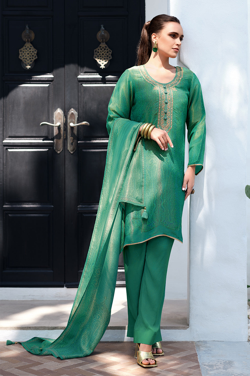 Sea Green Color Mantellic Tissue Neck Embroidered Unstitched Suit