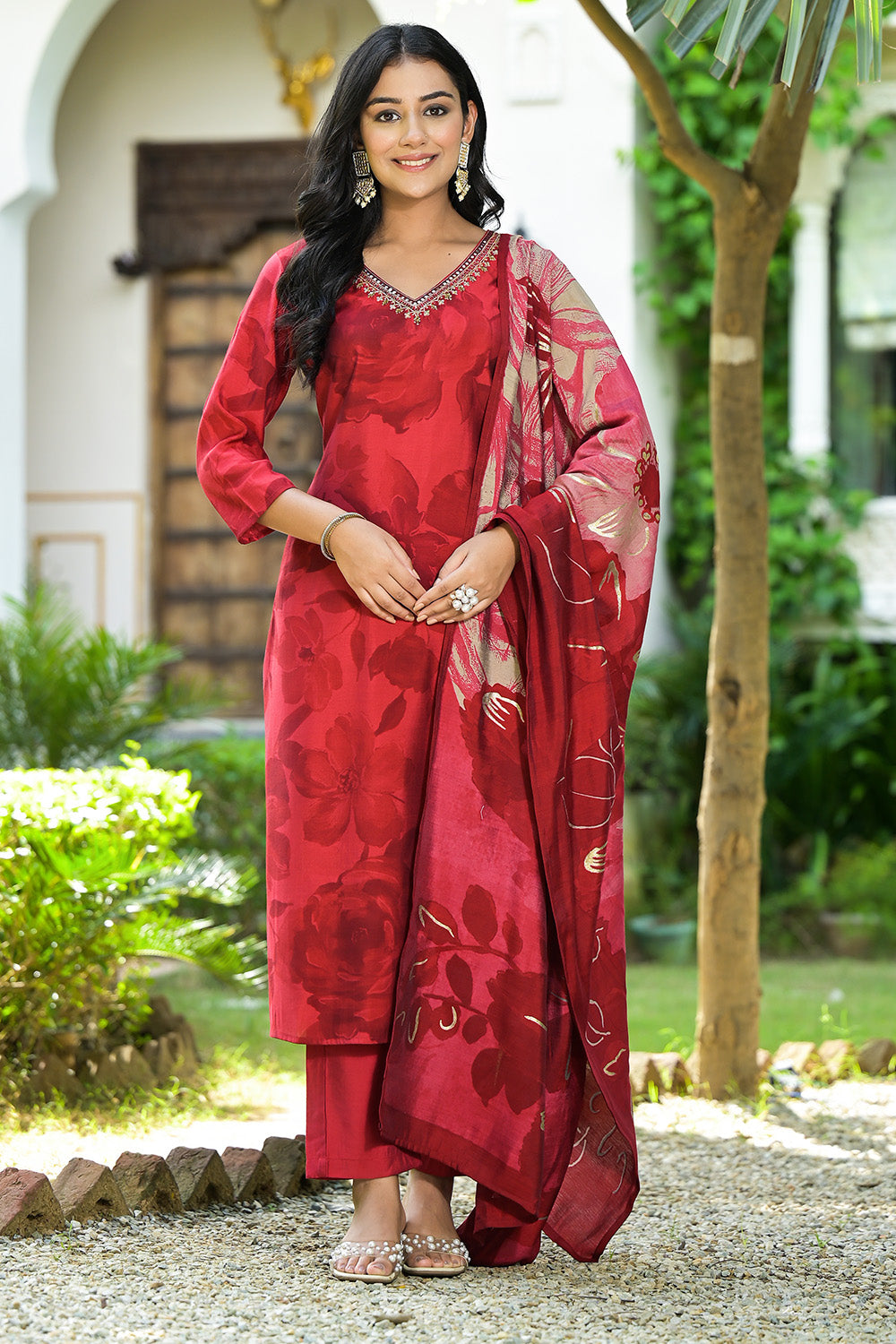 Persian Red Color Muslin Printed Straight Suit