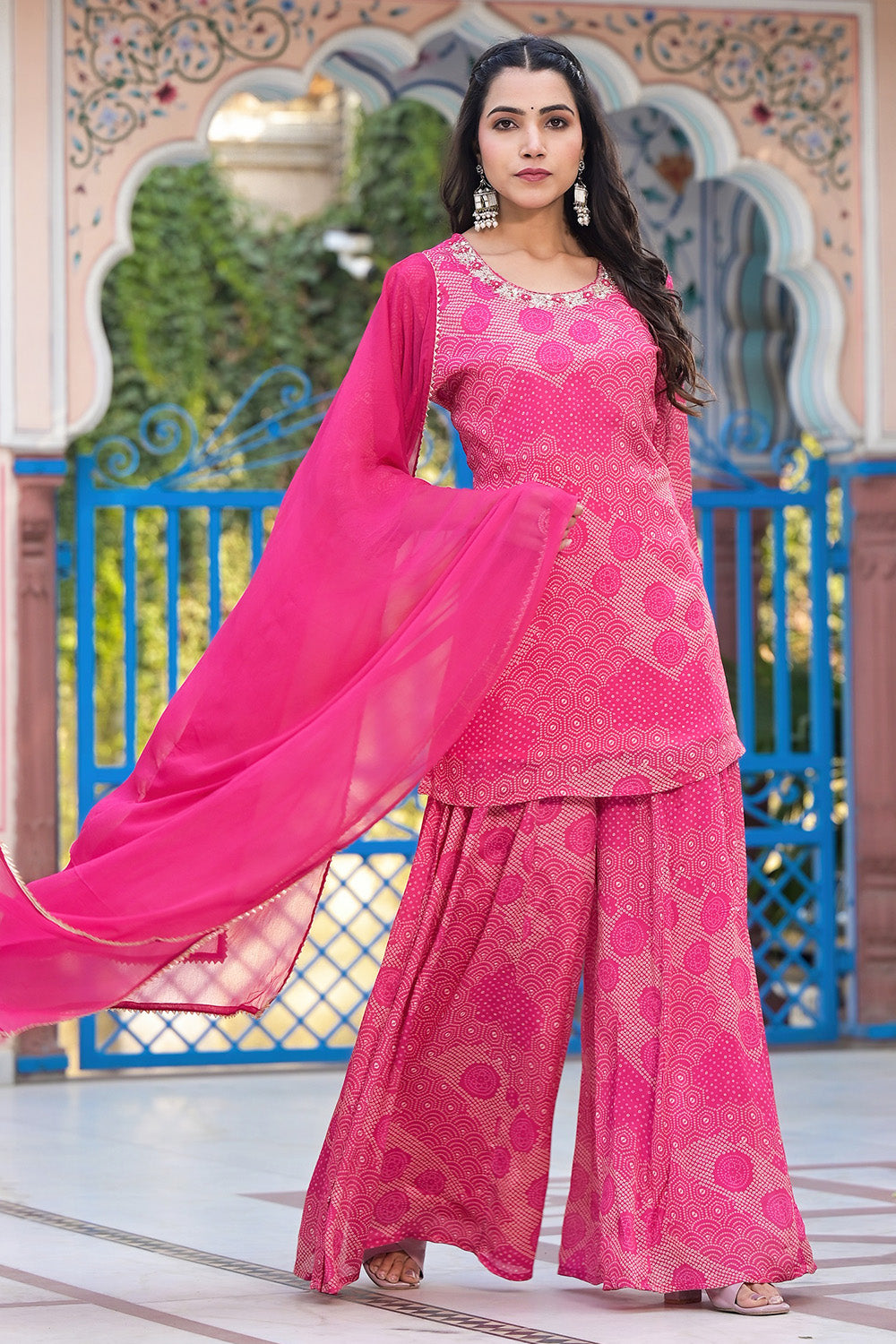 Fuchsia Pink Crepe Bandhani Printed Suit With Palazzo