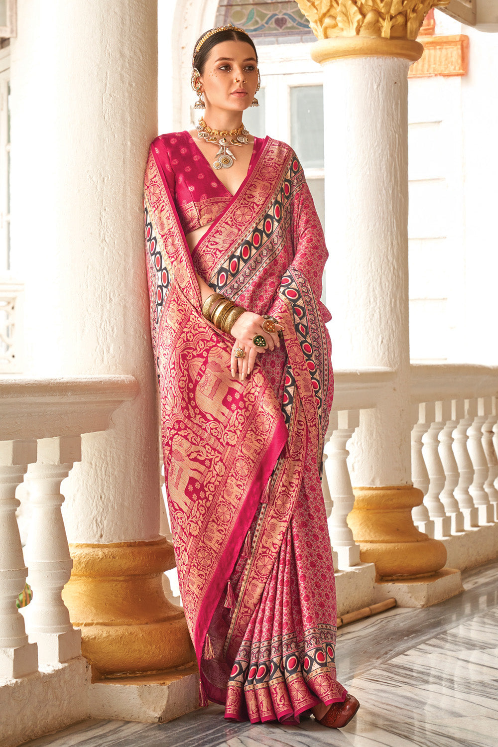 Maroon Color Satin Silk Printed Saree