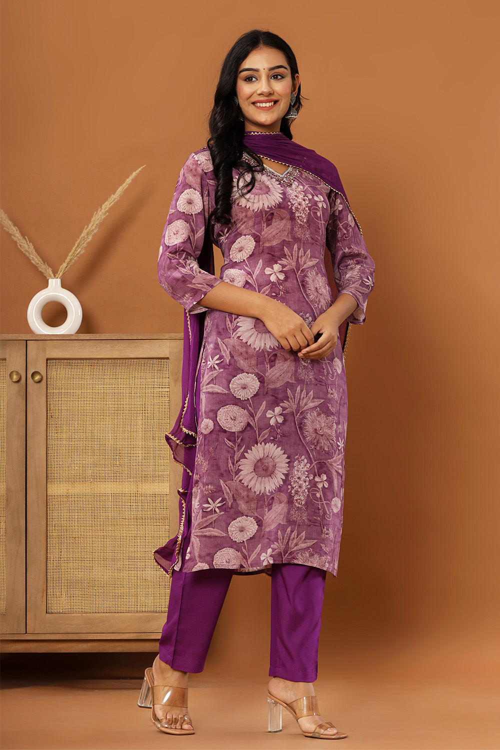 Purple Color Crepe Printed Straight Suit