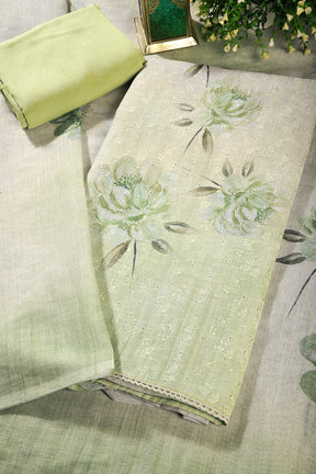 Pista Green Color Organza Floral Printed and Embroidered Unstitched Suit Material