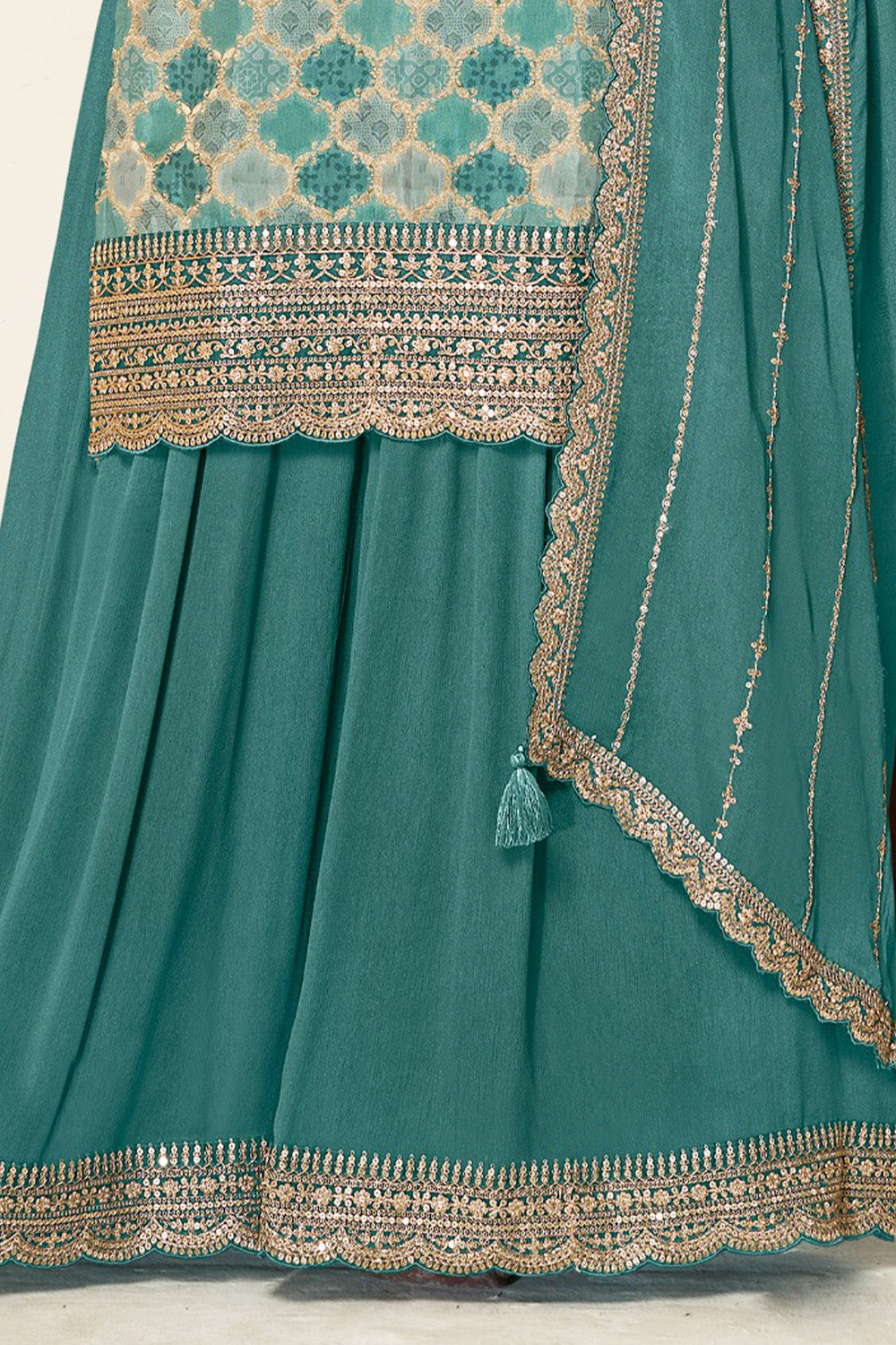 Sea Green Color Organza Silk Woven & Embroidered Suit with Sharara