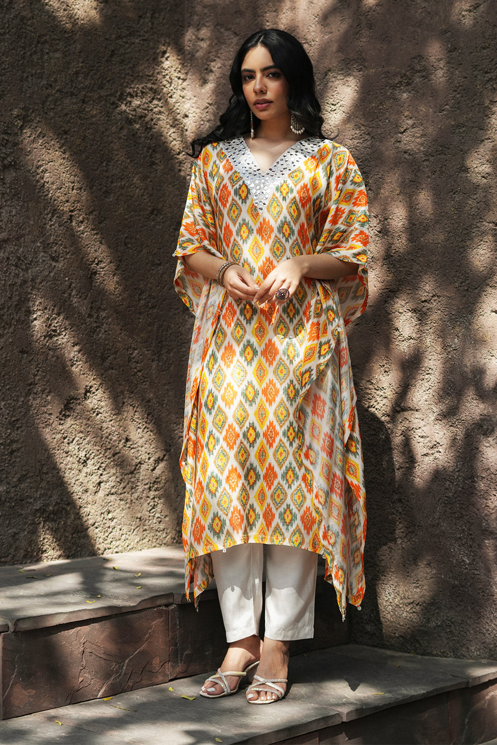 Cream & MustardColor Muslin Printed Kaftan Set