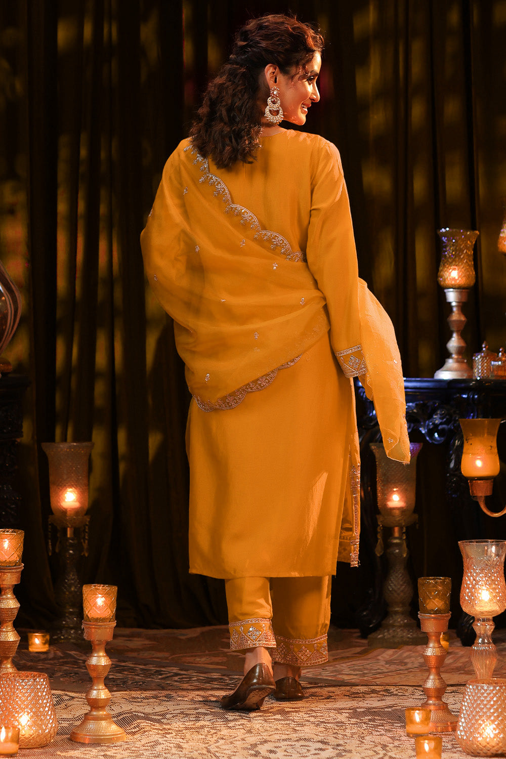 Mustard Color Crepe Silk Embroidered Suit