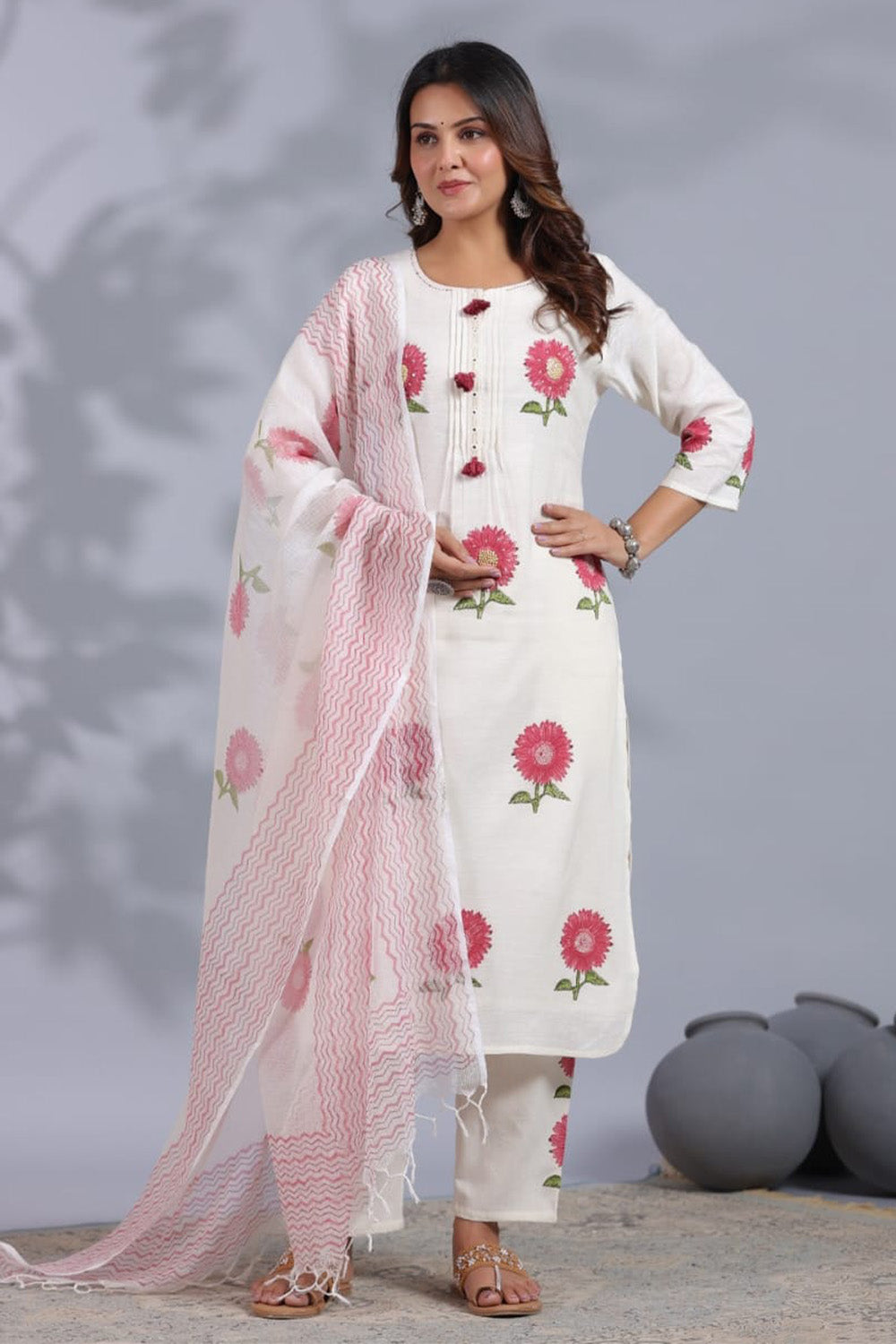 Cream Colour Khadi Cotton Floral Printed Suit