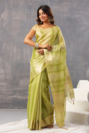 Green Color Organza Tissue Golden Zari Woven Saree