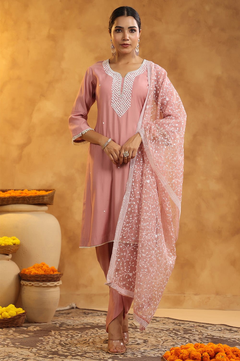 Dusty Pink Color Cotton Neck Embroidered Unstitched Suit Fabric