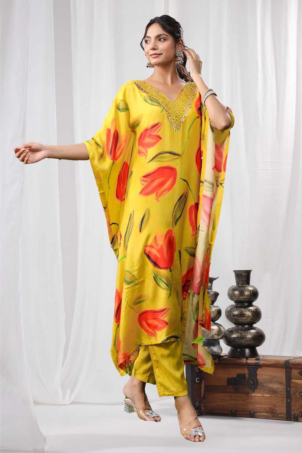 Mustard Color Muslin Printed Kaftan Set