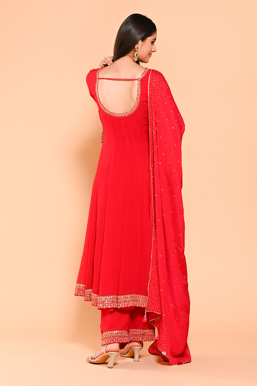 Red Color Georgette Designer Side Silts Sleeves Embroidered Anarkali Suit