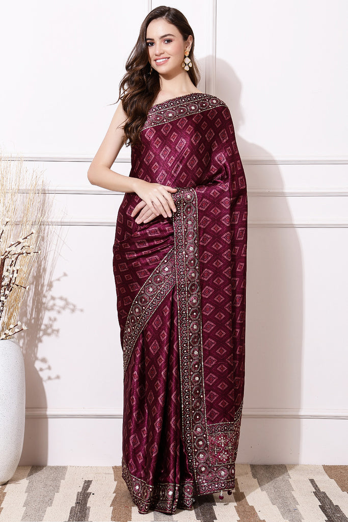 Dark Scarlet Color Aari Work Gajji Silk Saree