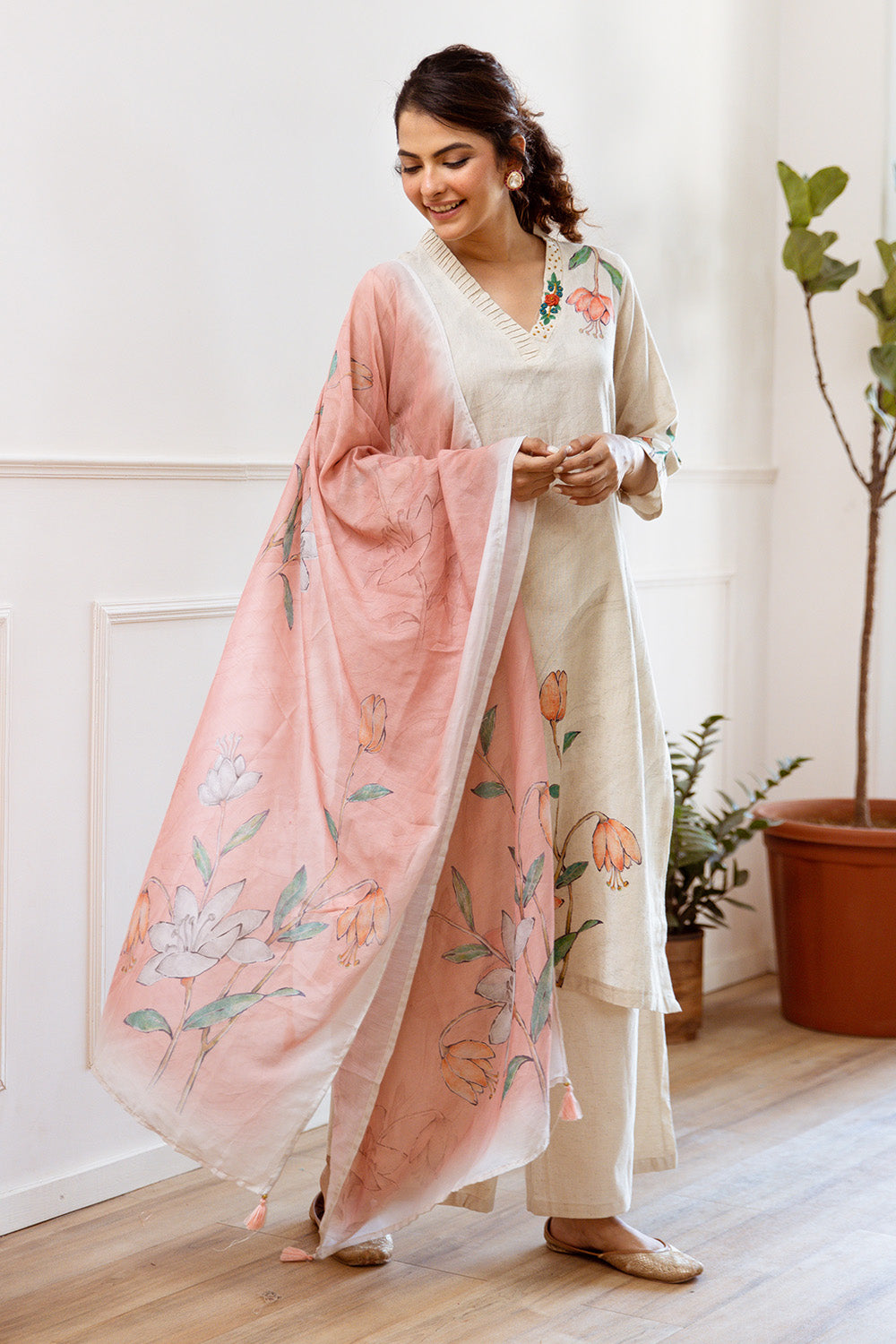 Cream Color Khadi Cotton Printed Suit