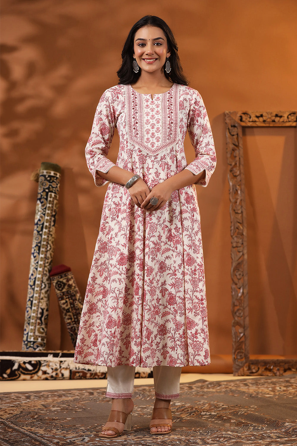 Cream & Pink Color Floral Printed Cotton Anarkali Suit