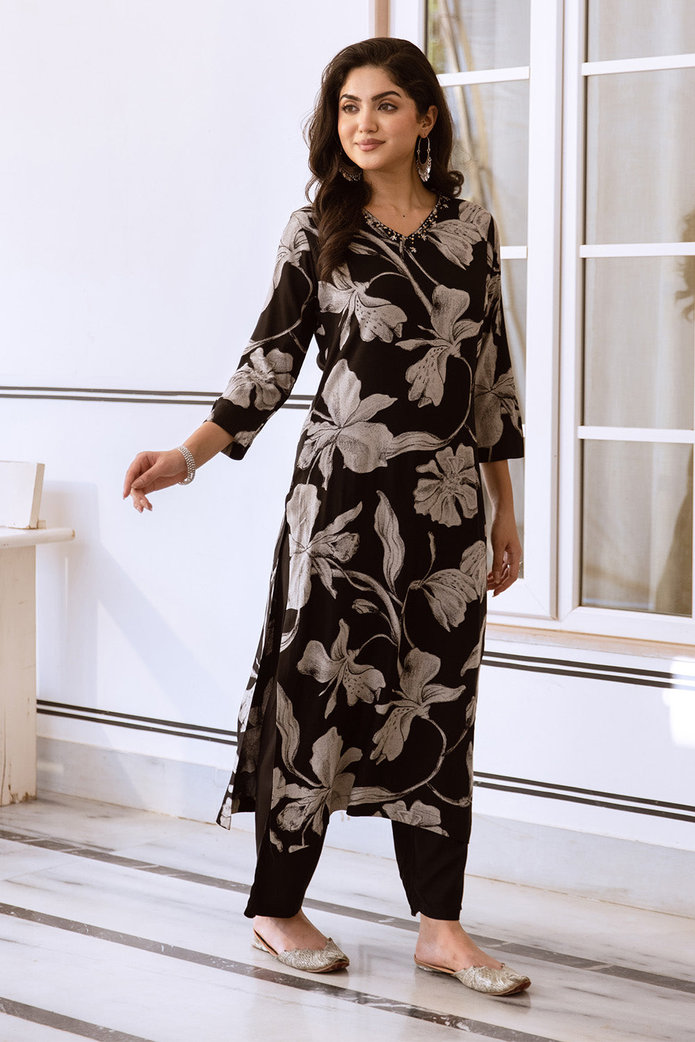 Black Color Printed Rayon Kurta Set