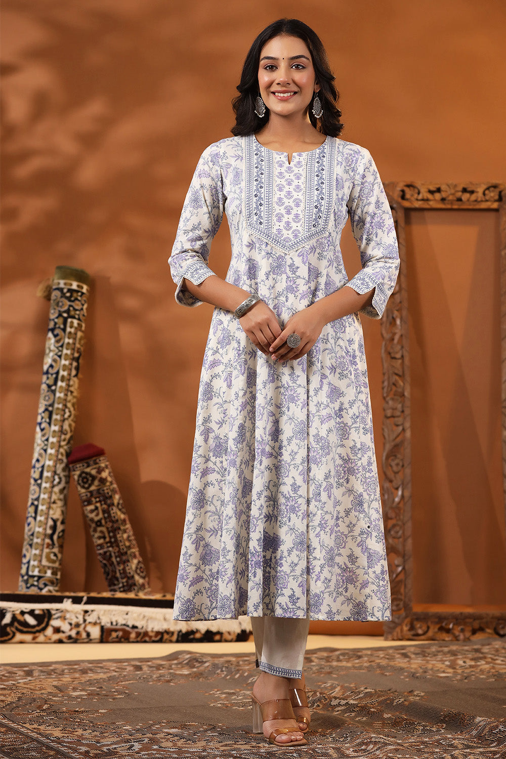 Cream & Lavender Color Floral Printed Cotton Anarkali Suit
