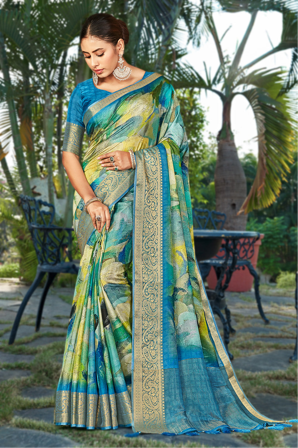 Blue Color Modal Silk Printed & Woven Saree